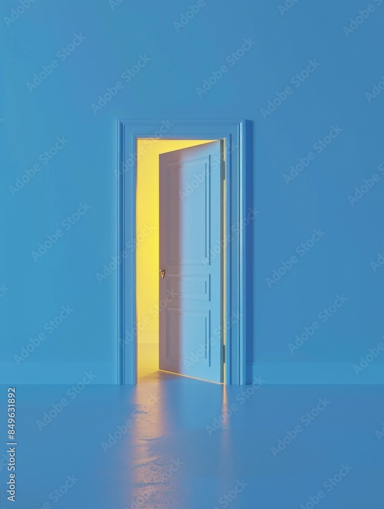 Open door in bright blue room Open door in bright blue room