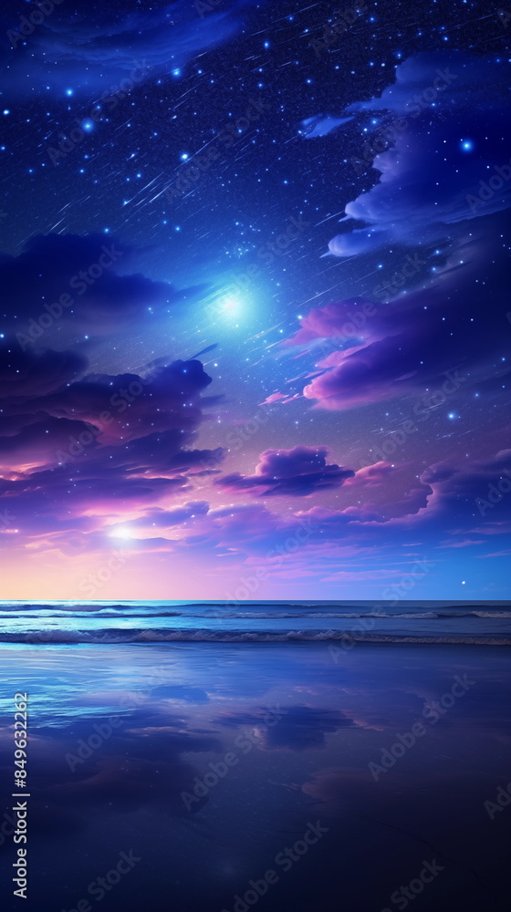 Fototapeta premium illustration of landscape beach at night with beautiful sky