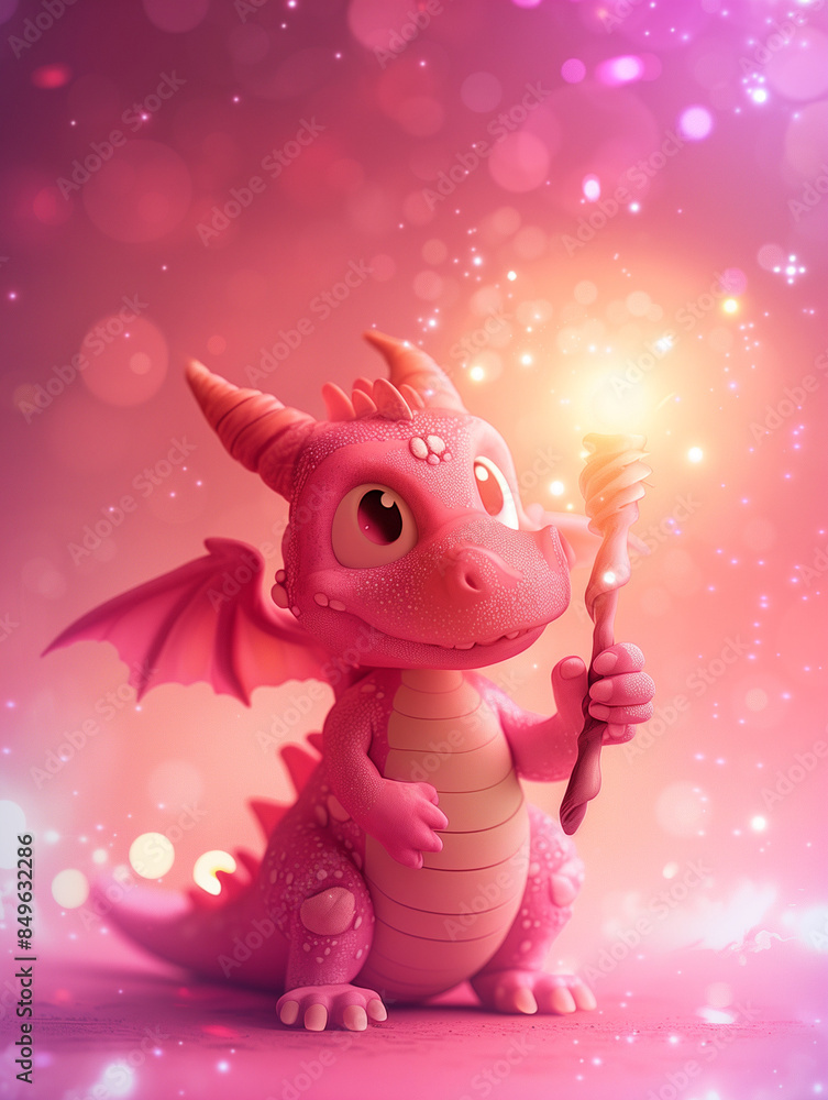 pink dinosaur, A cartoon pink dragon holding a glowing magic wand, surprised, with a pink background and dreamy colors pink dinosaur, A cartoon pink dragon holding a glowing magic wand, surprised, with a pink background and dreamy colors