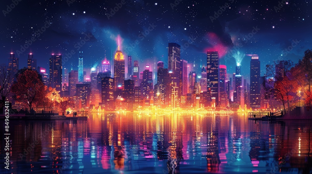 Beautiful Night Cityscape with Vibrant Lights Reflected in Water