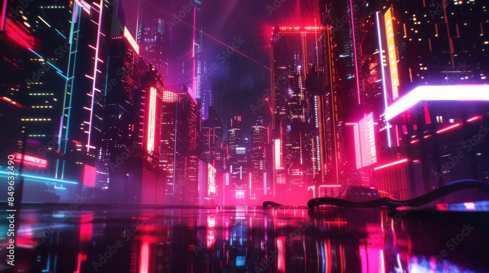 Obraz premium digital futuristic cyberpunk neon cityscape with high speed motion blur effect.
