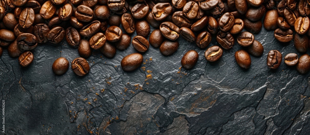 Roasted coffee beans on a black stone background Roasted coffee beans on a black stone background
