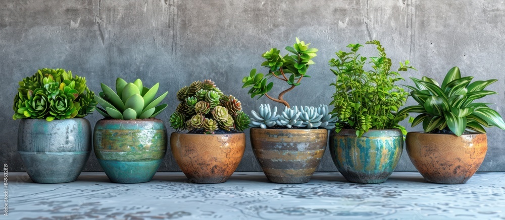 Decorative pots filled with green plants on a gray background Decorative pots filled with green plants on a gray background