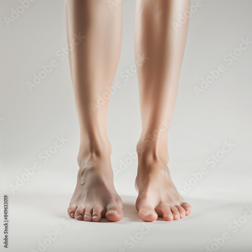 human leg, closeup photo studio shot of the barefeet of a white female model, studio shot, white background