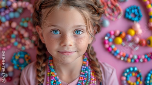 Cute Girl with Braids Making Beaded Jewelry Surrounded by Colorful Supplies