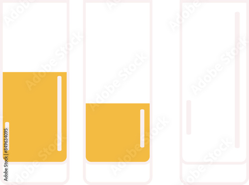 Three transparent glass flasks contain varying levels yellow liquid horizontally aligned isolated white background. First flask filled halfway yellow liquid, second flask filled one fourth, third