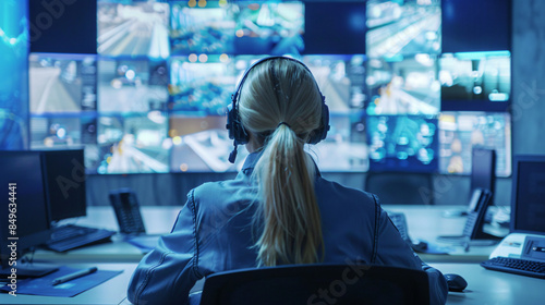 Security guard monitoring multiple screens to ensure building safety and security