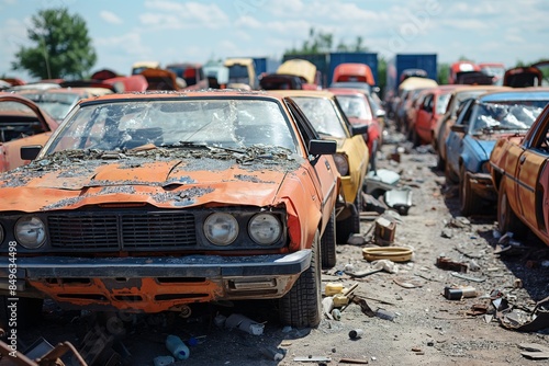 A rusty, abandoned orange car among various derelict vehicles in a scrapyard, conveying a sense of neglect