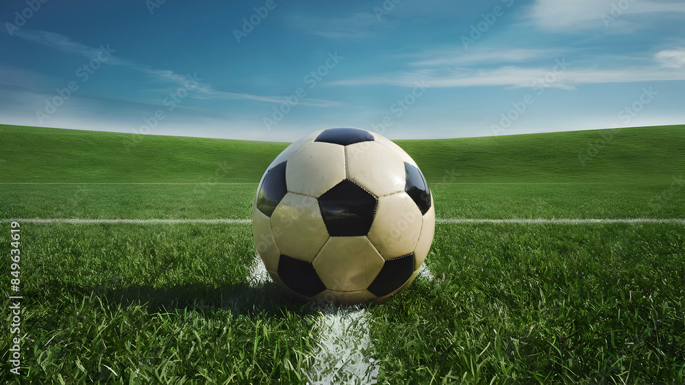 Fototapeta premium Vintage Ball Rests on Emerald Field Crystaline Sky