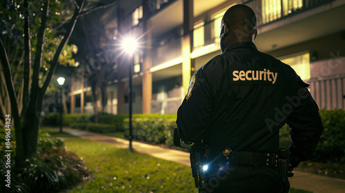 Security guard is protecting an apartment complex at night