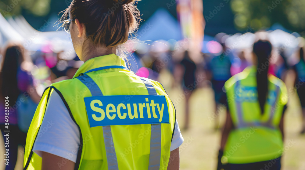 Female security guard is keeping people safe at a large outdoor event Female security guard is keeping people safe at a large outdoor event