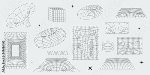 Abstract geometric wireframes and grids. Isolated editable stroke black 3D shapes. Y2k retro futuristic aesthetic vector elements set