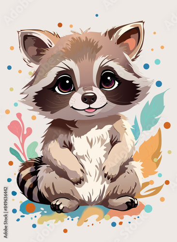 Cute cartoon raccoon with splashes of colors on the beige background