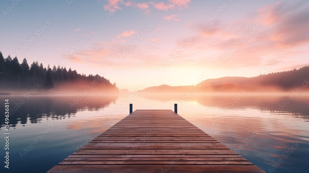 A straight flat simplistic rectangular lake dock, beautiful sunrise, foggy, calm water. Nature relax wallpaper. A straight flat simplistic rectangular lake dock, beautiful sunrise, foggy, calm water. Nature relax wallpaper.