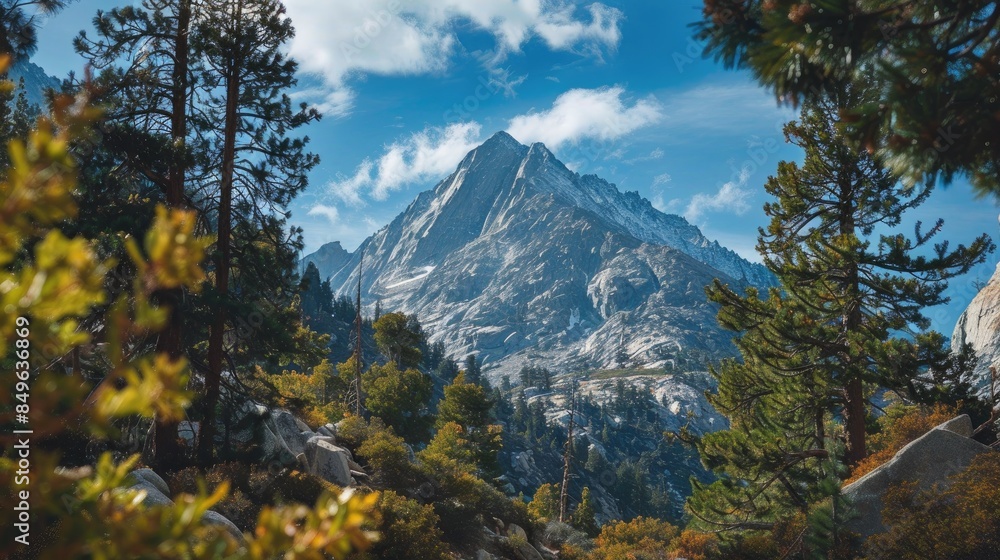 Majestic mountain peak framed by trees Majestic mountain peak framed by trees