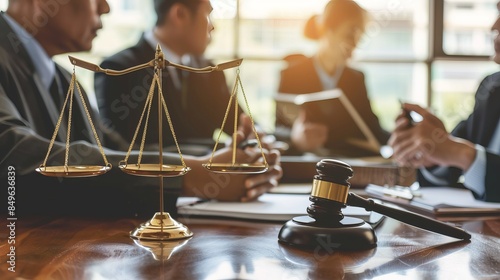 Lawyers and professionals discuss cases and strategies at a meeting in a law firm office. The meeting represents the concepts of law and justice, symbolized by the judge's gavel and scales of justice. photo