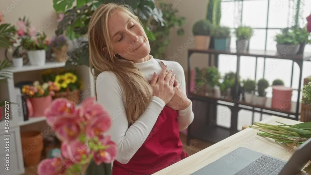 Cheerful young blonde florist, sitting gratefully at her flower shop, radiating good health with beaming smile and hands on chest