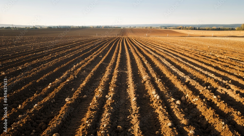 Aerial perspective of cultivated land with a plowed field in the foreground Aerial perspective of cultivated land with a plowed field in the foreground