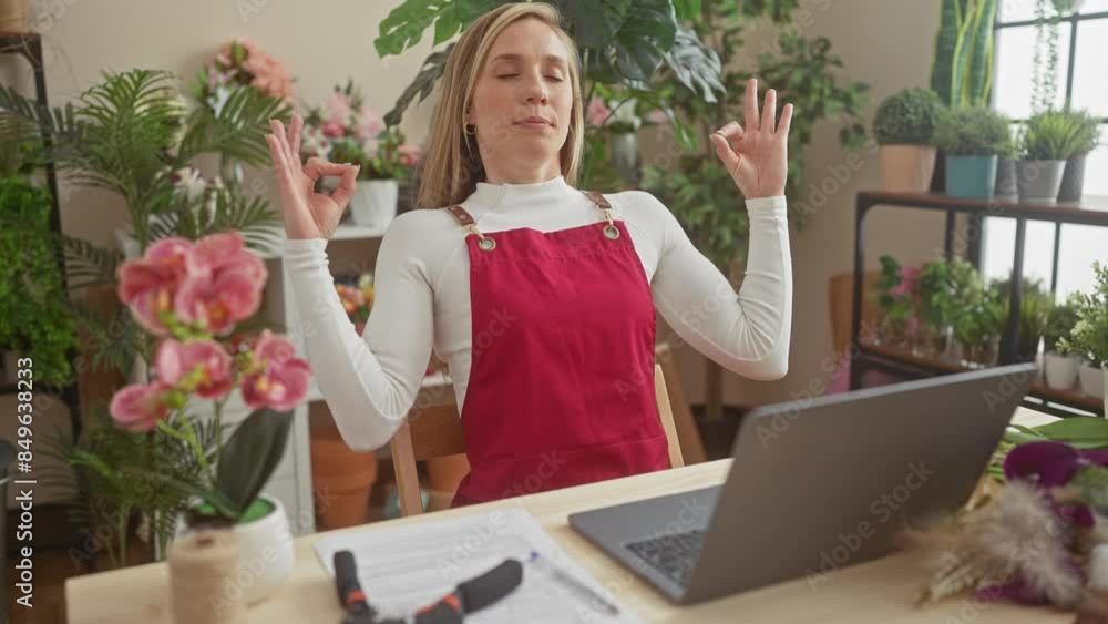 Beautiful young blonde florist finds calm in chaos, zen meditation amidst blooms in flower shop Beautiful young blonde florist finds calm in chaos, zen meditation amidst blooms in flower shop
