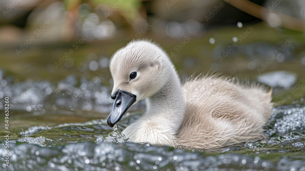 A Baby Swan Swimming in a River A Baby Swan Swimming in a River