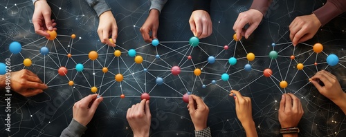 Several hands connecting abstract colorful nodes symbolizing networking and teamwork over a dark background photo