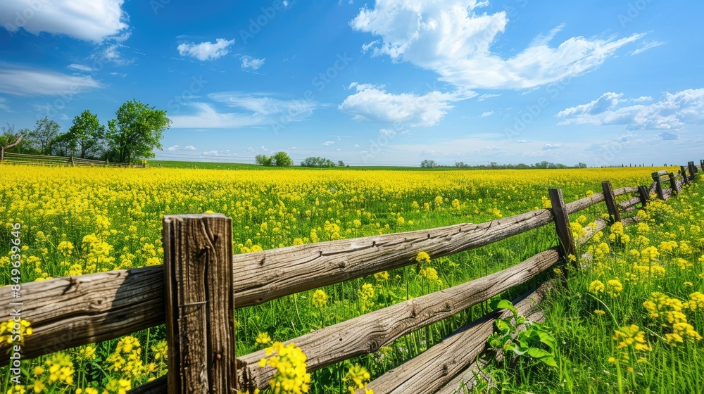 Field of blooming rapeseed and scenic sky in sunny conditions wooden fence by the blooming rapeseed field