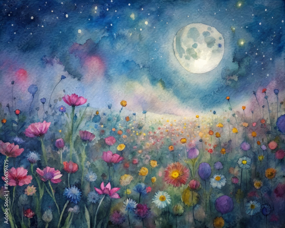 Obraz premium Incredibly bright and colorful night landscape: a field of flowers under the moon in the style of modern impressionism. 