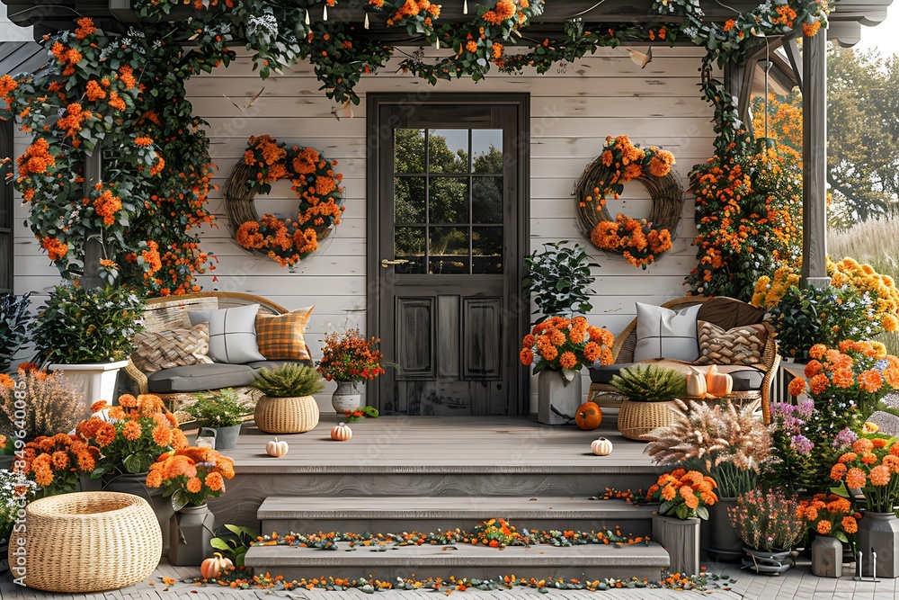 Obraz premium A cozy rustic porch decorated for fall with orange flowers, pumpkins, and wreaths.
