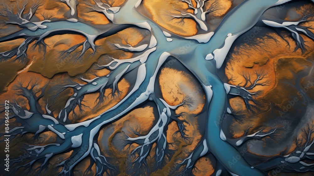 Aerial Photograph of a Glacial River Delta in Iceland with many meandering branches and veins. Aerial Photograph of a Glacial River Delta in Iceland with many meandering branches and veins.