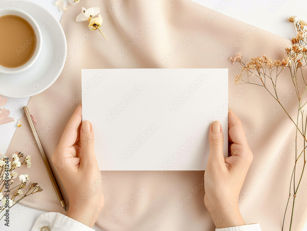 Obraz premium Hands Holding Blank Card Over Cozy Background with Cup of Tea and Dried Flowers in Warm Inviting Atmosphere for Mockup or Invitations