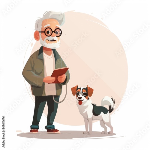 All in a cartoon style, Frame mockup, ISO A sizea , Happy and very satisfied elderly Human and pet , on a white background photo