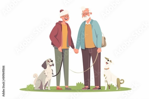 All in a cartoon style, Frame mockup, ISO A sizea , Happy and very satisfied elderly Human and pet , on a white background photo