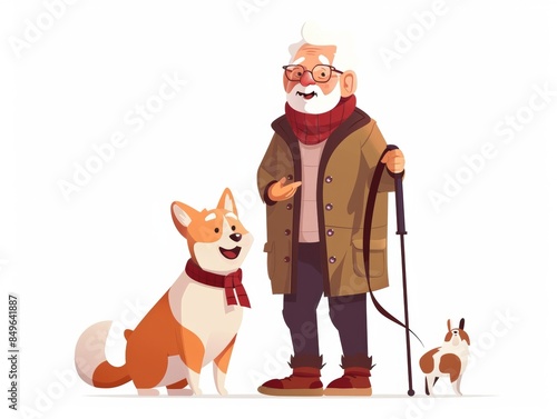 All in a cartoon style, Frame mockup, ISO A sizea , Happy and very satisfied elderly Human and pet , on a white background photo