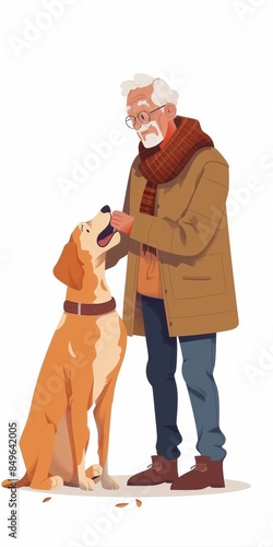 All in a cartoon style, Frame mockup, ISO A sizea , Happy and very satisfied elderly Human and pet , on a white background photo