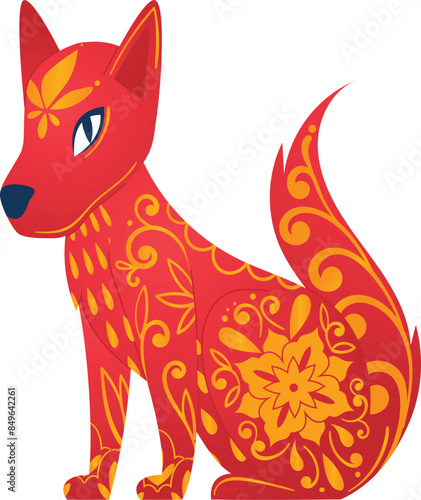 Decorative redandyellow fox illustration featuring intricate floral patterns. Cartoonish style, fox sitting isolated white background. Bright colors, ornamental design suitable artwork, tattoos photo