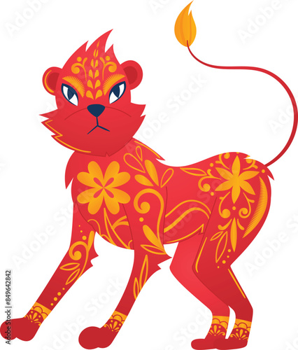 Majestic red lion adorned vivid yellow floral patterns standing proudly isolated white background. Fierce mythical creature detailed ornamentation intricate design bold colors captivating eyes