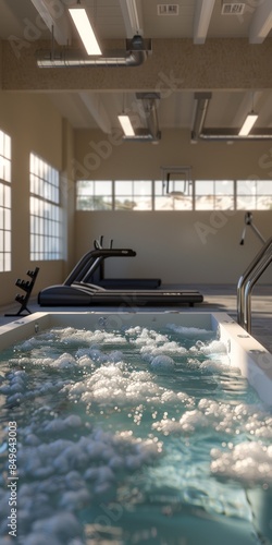 An aquatic therapy gym with a small indoor pool surrounded by specialized exercise equipment for water-based rehabilitation. 32k, full ultra HD, high resolutio photo