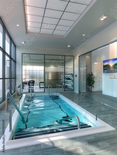 An aquatic therapy gym with a small indoor pool surrounded by specialized exercise equipment for water-based rehabilitation. 32k, full ultra HD, high resolutio photo