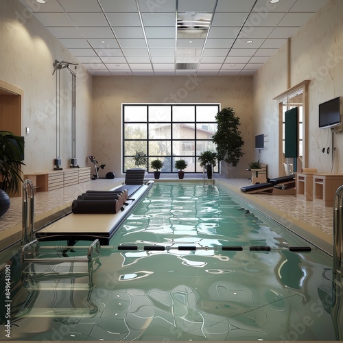 An aquatic therapy gym with a small indoor pool surrounded by specialized exercise equipment for water-based rehabilitation. 32k, full ultra HD, high resolutio photo