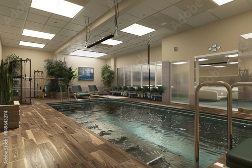 An aquatic therapy gym with a small indoor pool surrounded by specialized exercise equipment for water-based rehabilitation. 32k, full ultra HD, high resolutio photo