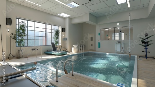 An aquatic therapy gym with a small indoor pool surrounded by specialized exercise equipment for water-based rehabilitation. 32k, full ultra HD, high resolutio © Sergey