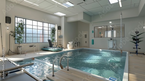 An aquatic therapy gym with a small indoor pool surrounded by specialized exercise equipment for water-based rehabilitation. 32k, full ultra HD, high resolutio photo