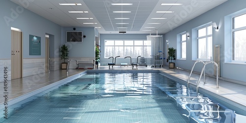 An aquatic therapy gym with a small indoor pool surrounded by specialized exercise equipment for water-based rehabilitation. 32k, full ultra HD, high resolutio photo