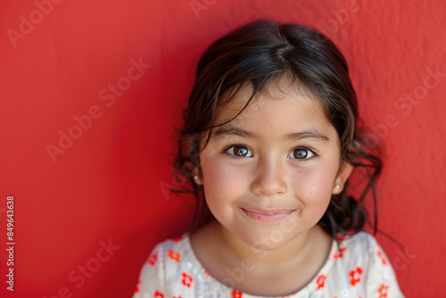 Latino Hispanic Little Girl Isolated on red Background Adorable Child Smiling Happy Playful Stylish Innocent Youthful Ethnic Cultural Portrait Studio Photography Bright Cheerful Fashionable