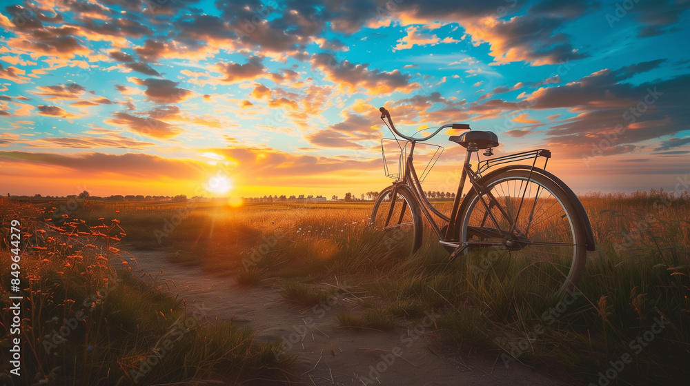 Fototapeta premium A parked bicycle with a beautiful sunset in the background