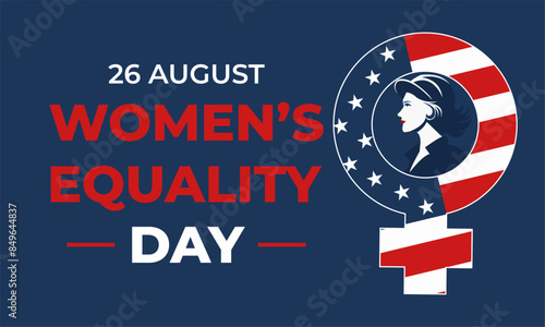 Banner Women's Equality Day in the USA, August 26. Signs: Venus, USA flag, Woman in a hat. Vector illustration