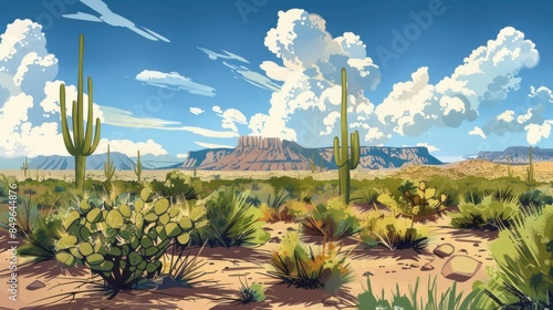 fantasy picture of cactus landscape spread across the mountain plateau