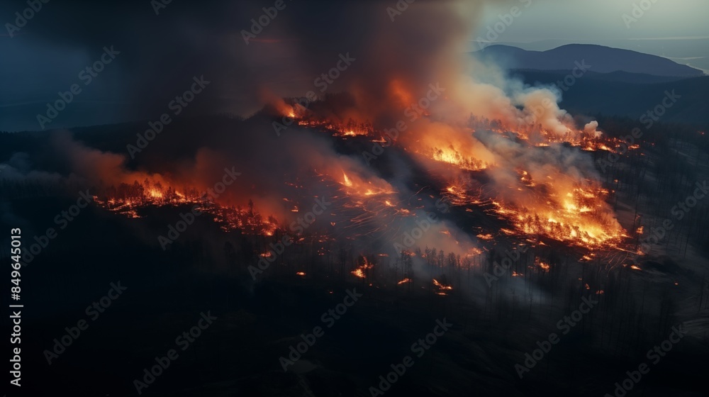 Aerial view of a devastating forest fire at dusk. Aerial view of a devastating forest fire at dusk.