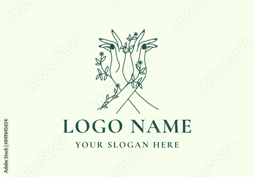 Logo line two hands cross with vines flowers. Logo botanical, floral, beauty. Editable file