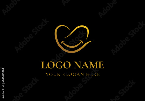 logo gold dental tooth in love shape with smile. Logo healthcare, medical, dental. Editable file